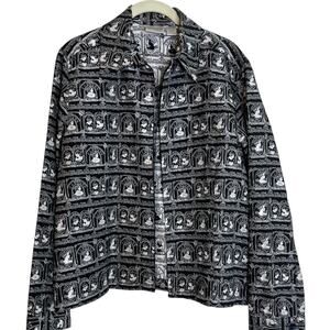 Chicos Womens Silk Blend Jacket Medium Black White Cameo Print Broken Zipper